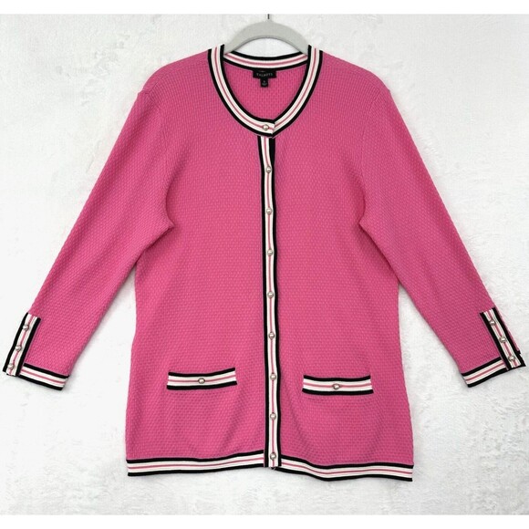 Talbots Tipped Cardigan Sweater Womens S Faux Pearl Buttons Career Pink Black - Picture 1 of 15
